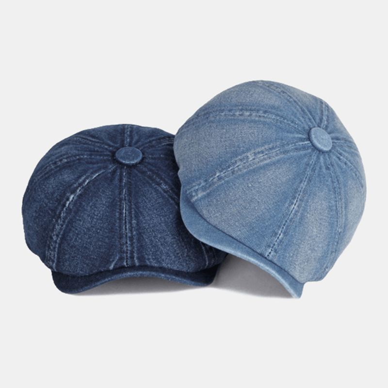 Mænd Vasket Denim Ryg Elastikbånd Design Justerbar Ottekantet Hat Britisk Retro Kort Skygget Newsboy Hat Flad Hat Painter Hat