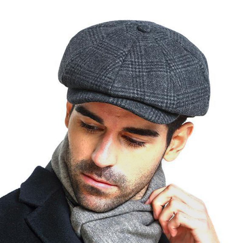 Mænd Vintage Uld Gjord Maler Baretter Hat Vinter Varm Gentleman Octagonal Newsboy Cap