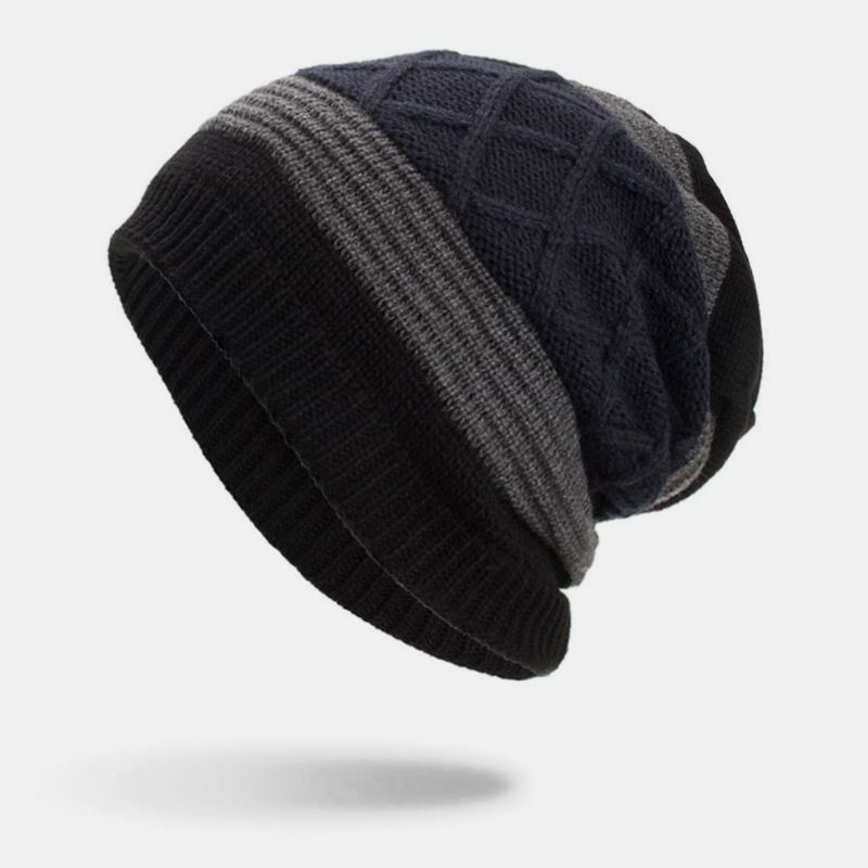 Mænd Vinter Plus Fløjl Stribet Og Diamanter Mønster Udendørs Strikket Varm Beanie Hat