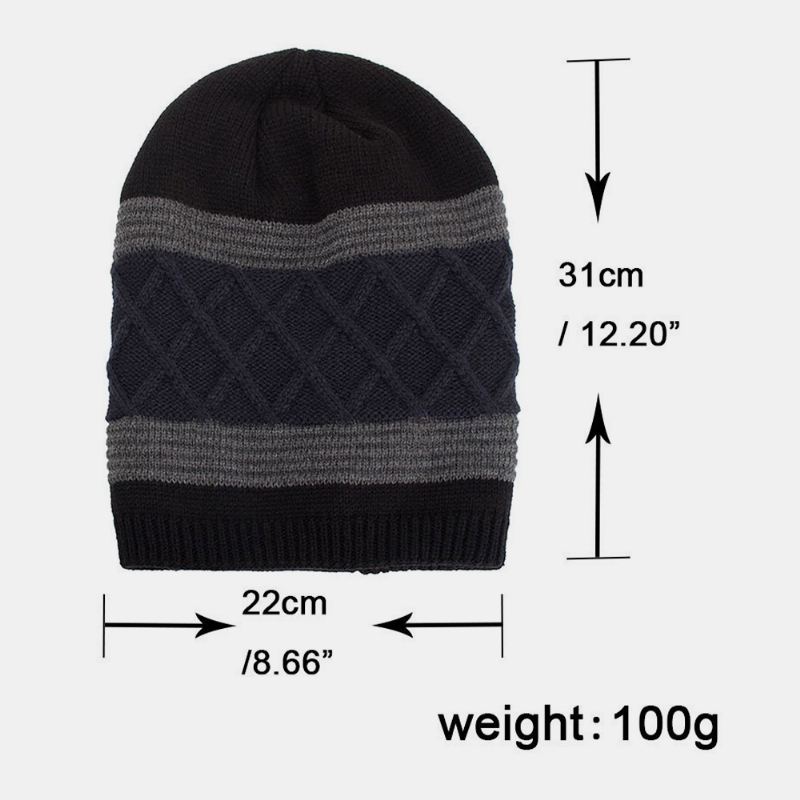 Mænd Vinter Plus Fløjl Stribet Og Diamanter Mønster Udendørs Strikket Varm Beanie Hat