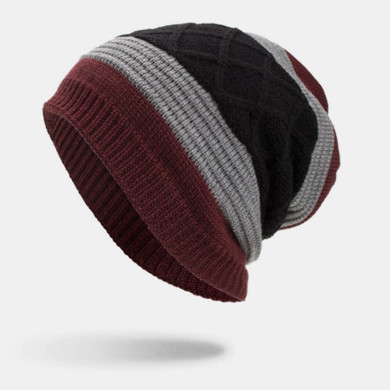 Mænd Vinter Plus Fløjl Stribet Og Diamanter Mønster Udendørs Strikket Varm Beanie Hat