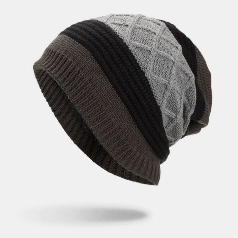 Mænd Vinter Plus Fløjl Stribet Og Diamanter Mønster Udendørs Strikket Varm Beanie Hat