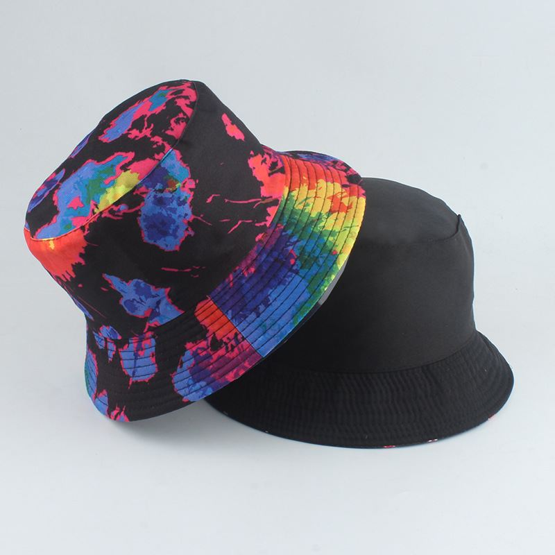 Ny Stil Trykt Dobbeltsidet Fiskerhat Farve Tie-dye Hip-hop Casual Flat Top Basin Hat