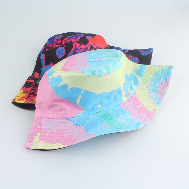 Ny Stil Trykt Dobbeltsidet Fiskerhat Farve Tie-dye Hip-hop Casual Flat Top Basin Hat