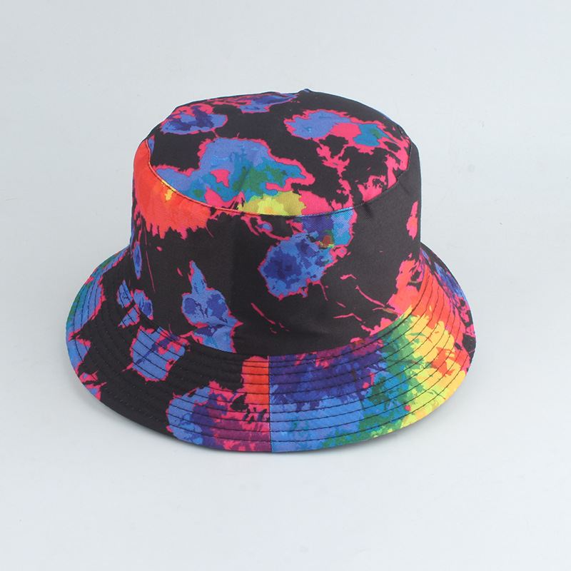 Ny Stil Trykt Dobbeltsidet Fiskerhat Farve Tie-dye Hip-hop Casual Flat Top Basin Hat