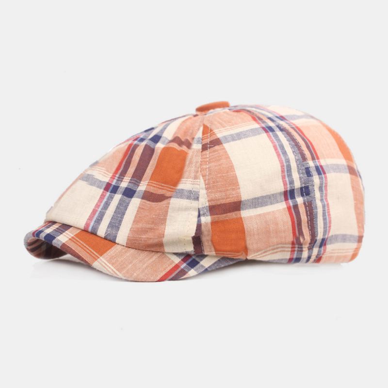 Unisex-baseret Kasket I Bomuld Plaidmønster Casual Retro Solskærm Newsboy-hat Forlæns Kasket Ottekantet Hat