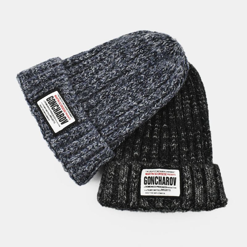 Unisex Blandet Farve Strikket Jacquard Letter Cloth Patch All-match Warm Beanie Hat