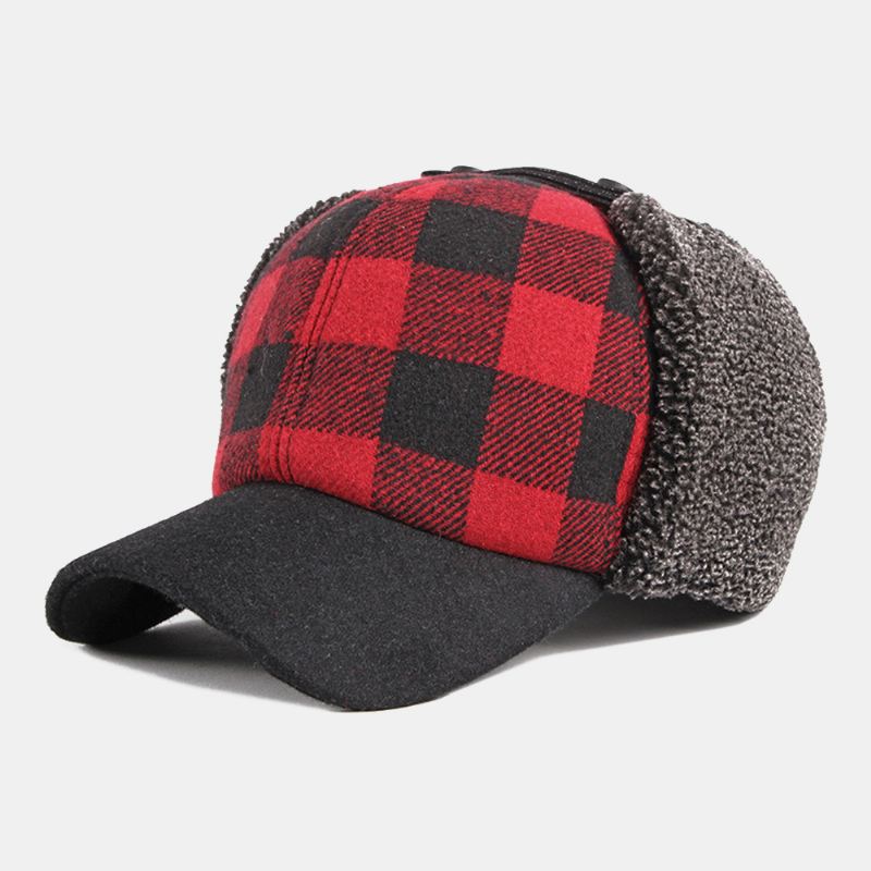 Unisex Bomuld Plus Fløjl Tyk Plaid Baseballkasket Efterår Vinter Høreværn Vindtæt Varm Hat