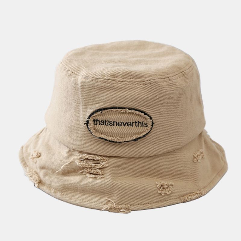 Unisex Bred Skygge Brev Broderi Bucket Hat Broken Hole Patch Sommer Solsejl Justerbar Hat