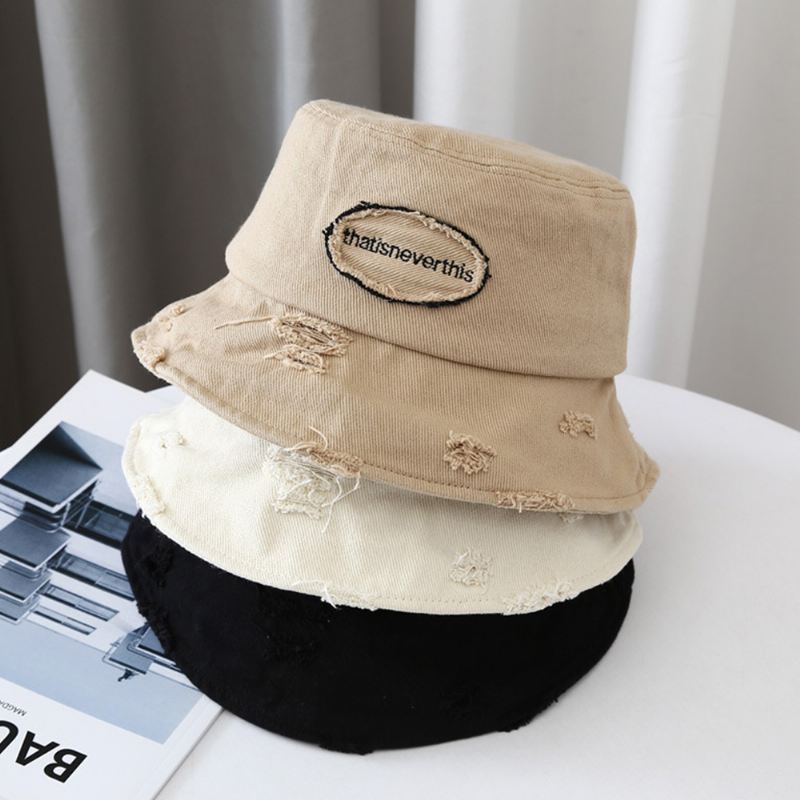 Unisex Bred Skygge Brev Broderi Bucket Hat Broken Hole Patch Sommer Solsejl Justerbar Hat