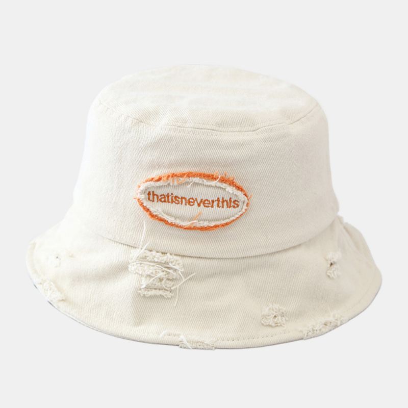 Unisex Bred Skygge Brev Broderi Bucket Hat Broken Hole Patch Sommer Solsejl Justerbar Hat