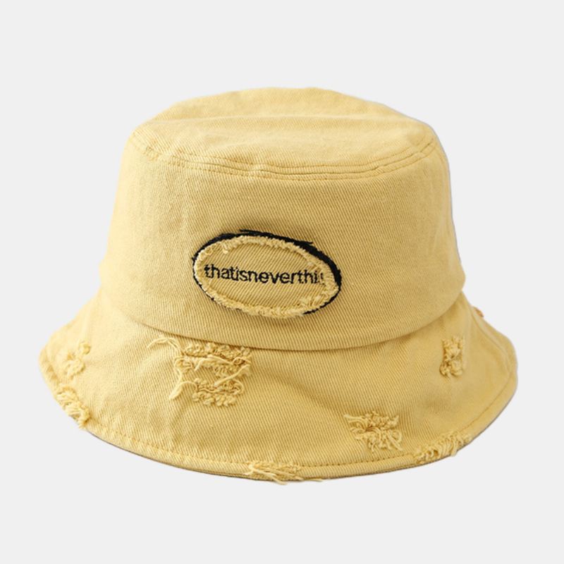 Unisex Bred Skygge Brev Broderi Bucket Hat Broken Hole Patch Sommer Solsejl Justerbar Hat