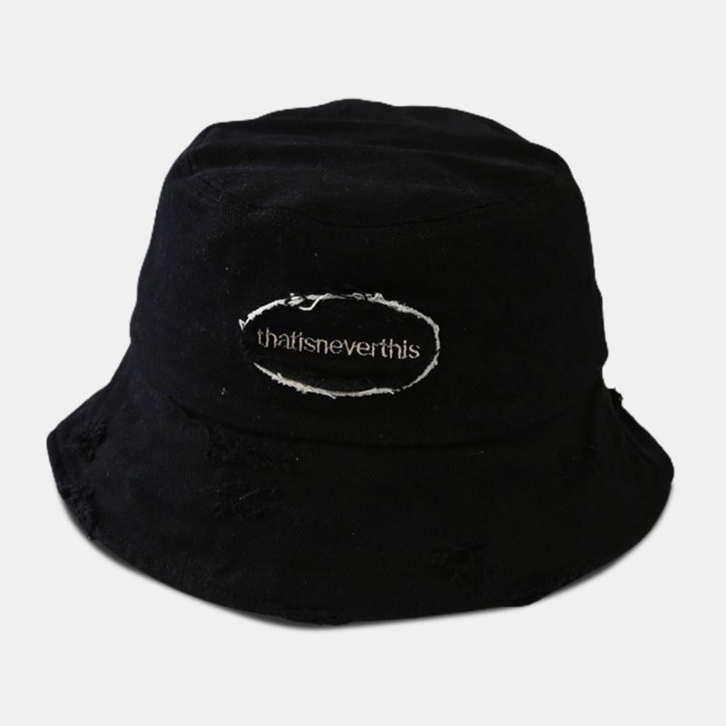 Unisex Bred Skygge Brev Broderi Bucket Hat Broken Hole Patch Sommer Solsejl Justerbar Hat