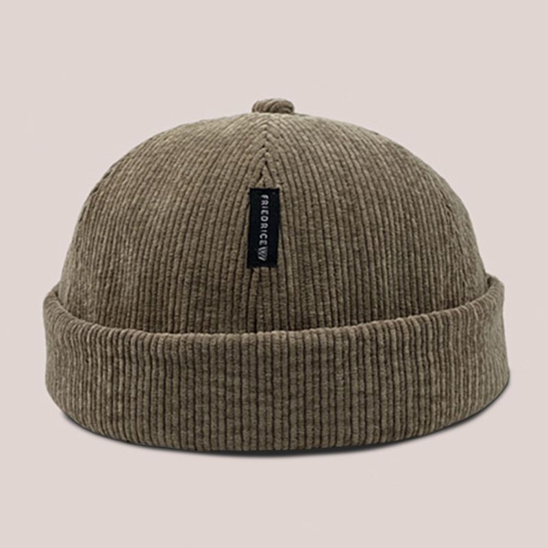 Unisex Corduroy Label Patch Skull Cap Casual Udendørs Efterår Vinter Varm Justerbar Kanteløs Beanie Landlord Cap