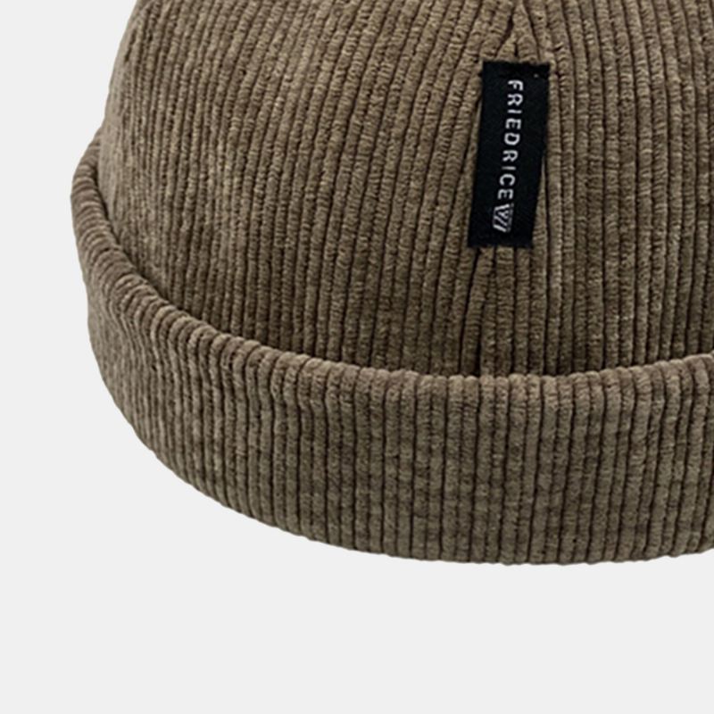 Unisex Corduroy Label Patch Skull Cap Casual Udendørs Efterår Vinter Varm Justerbar Kanteløs Beanie Landlord Cap