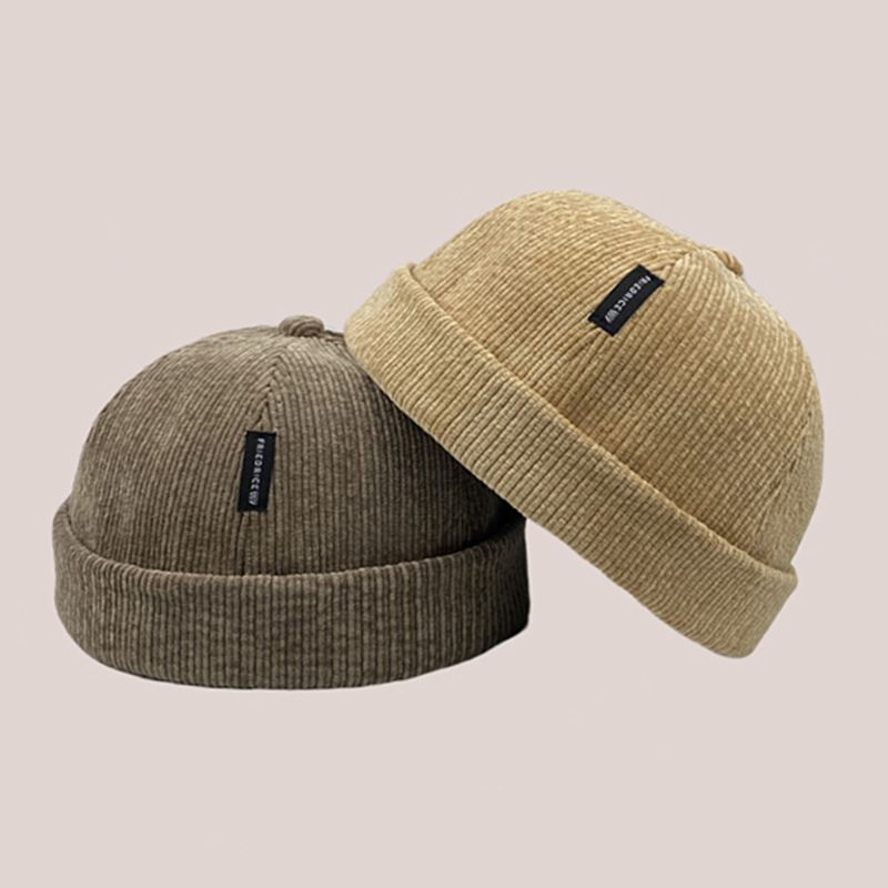 Unisex Corduroy Label Patch Skull Cap Casual Udendørs Efterår Vinter Varm Justerbar Kanteløs Beanie Landlord Cap