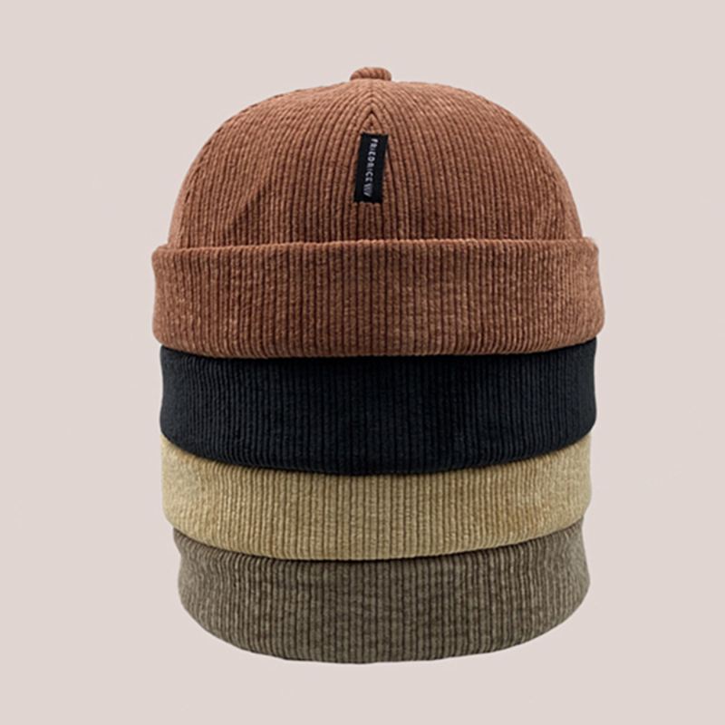 Unisex Corduroy Label Patch Skull Cap Casual Udendørs Efterår Vinter Varm Justerbar Kanteløs Beanie Landlord Cap