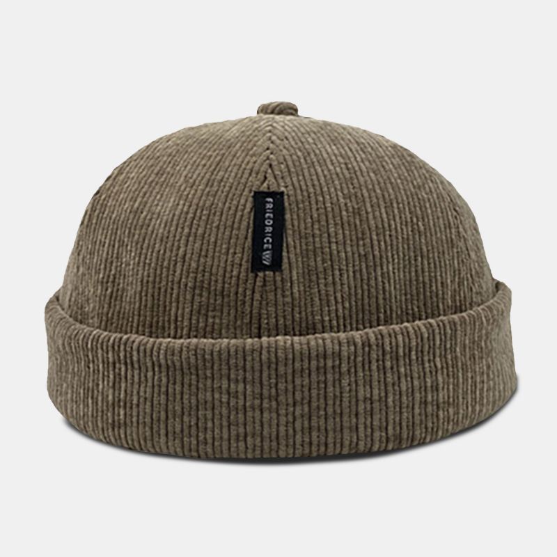 Unisex Corduroy Label Patch Skull Cap Casual Udendørs Efterår Vinter Varm Justerbar Kanteløs Beanie Landlord Cap