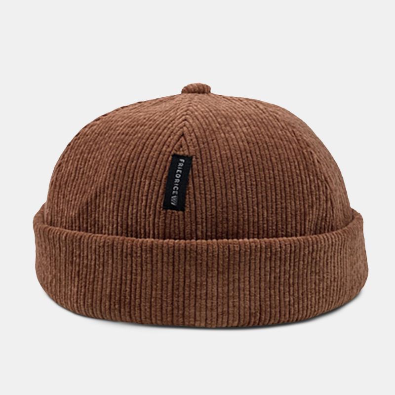 Unisex Corduroy Label Patch Skull Cap Casual Udendørs Efterår Vinter Varm Justerbar Kanteløs Beanie Landlord Cap