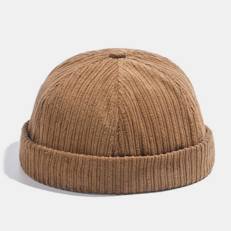 Unisex Corduroy Papir Fly Patch Stripe Hat Efterår Vinter Varm Justerbar Retro Brimless Beanie Udlejer Kasket Skull Cap