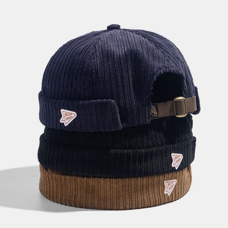 Unisex Corduroy Papir Fly Patch Stripe Hat Efterår Vinter Varm Justerbar Retro Brimless Beanie Udlejer Kasket Skull Cap