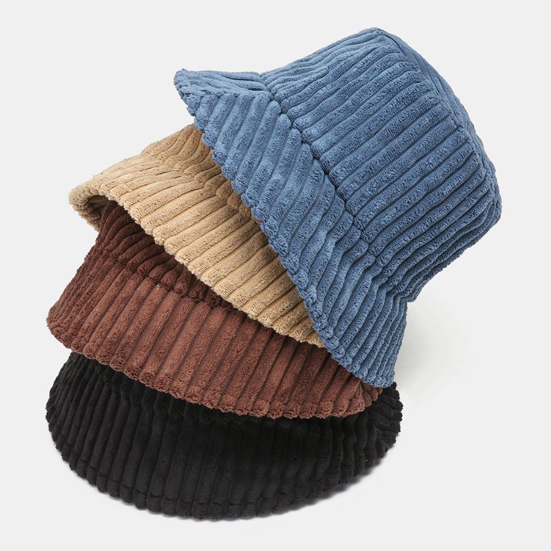 Unisex Corduroy Striber Mønster Ensfarvede Varm Ørebeskyttelse Par Hat Bucket Hat