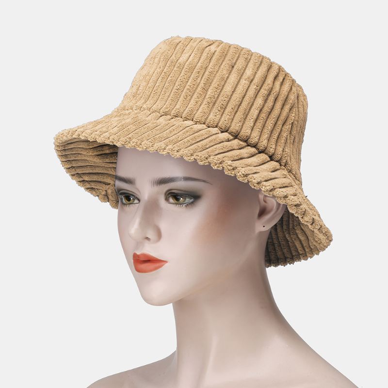 Unisex Corduroy Striber Mønster Ensfarvede Varm Ørebeskyttelse Par Hat Bucket Hat