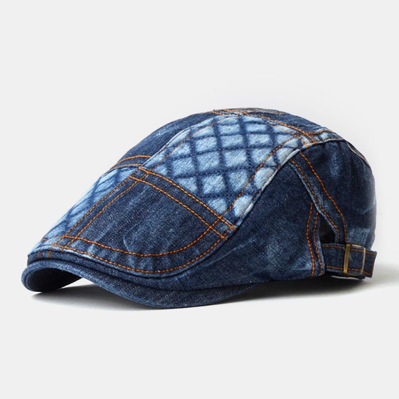 Unisex Denim Gittermønster Udendørs Casual Vild Forward Hat Baret Cap Flad Hat