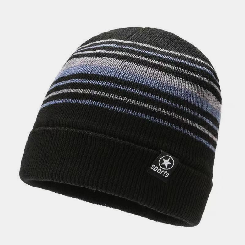 Unisex Farvet Stribet Plus Velvet Thicken Varm Strikket Hue Efterår Vinter Ørebeskyttelse Vindtæt Beanie Hat