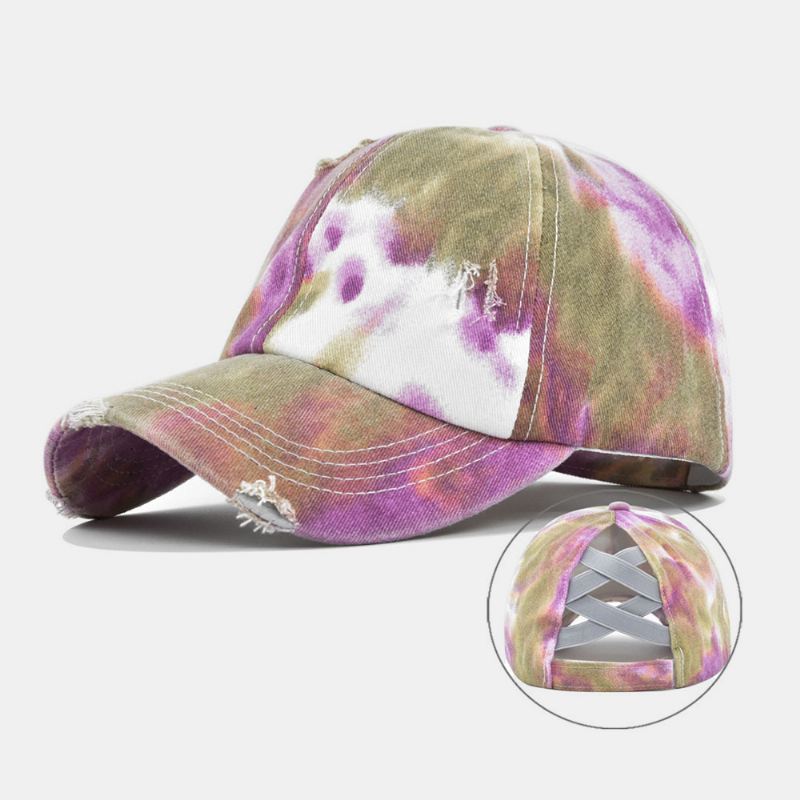 Unisex Farvet Tie-dye Hestehale Baseballkasket Med Brudt Hul Stor Skygge Åndbar Strækbar Kasket