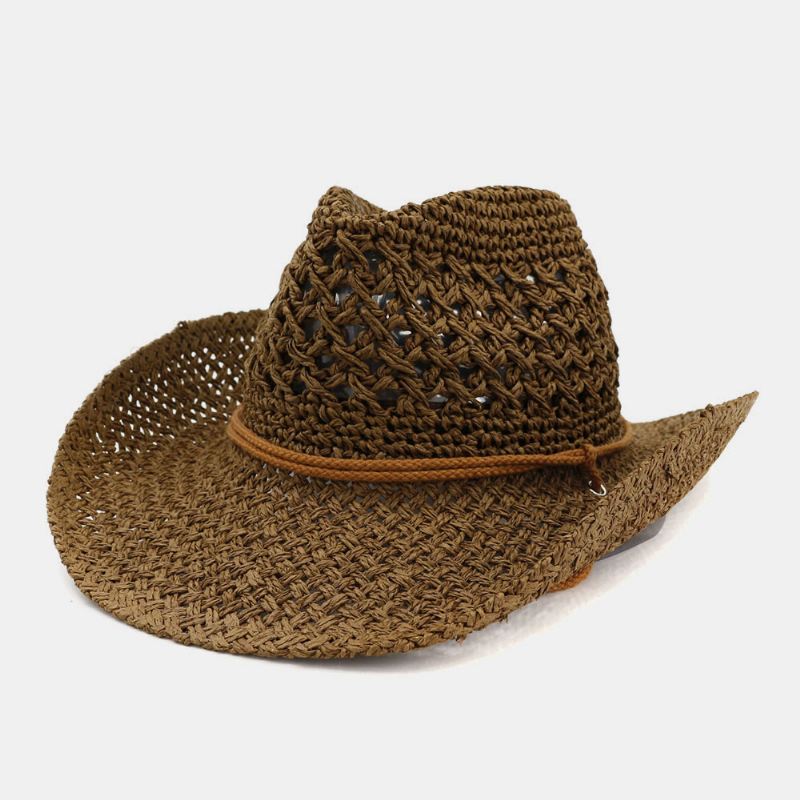 Unisex Håndlavet Solcreme Rejse Strandsolhat Cowboy Stil Panamahat Stråhat Med Justerbar Snor