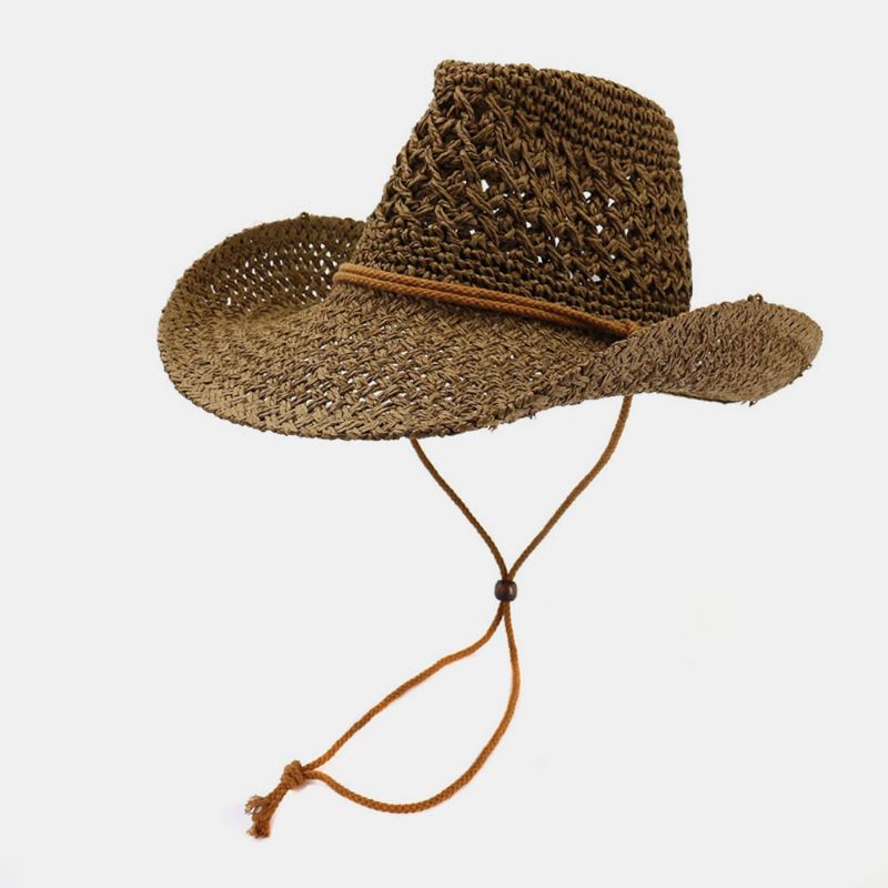 Unisex Håndlavet Solcreme Rejse Strandsolhat Cowboy Stil Panamahat Stråhat Med Justerbar Snor