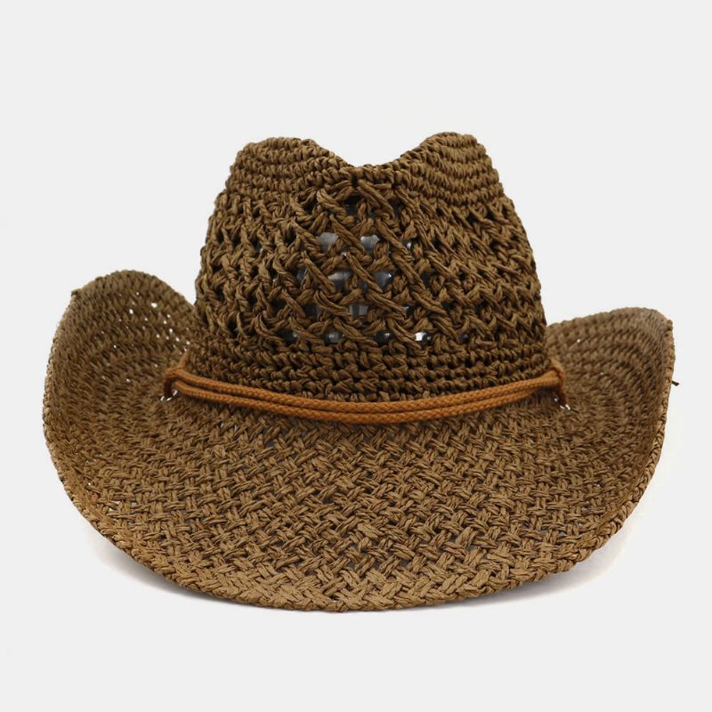 Unisex Håndlavet Solcreme Rejse Strandsolhat Cowboy Stil Panamahat Stråhat Med Justerbar Snor