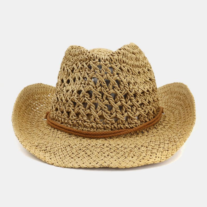 Unisex Håndlavet Solcreme Rejse Strandsolhat Cowboy Stil Panamahat Stråhat Med Justerbar Snor