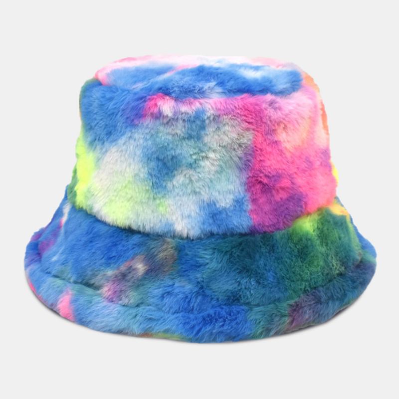 Unisex Imiteret Kaninpels Farverig Gradient Tie-de Bucket Hat Vinter Tykke Varme Vindtæt Mode Solskærmshat