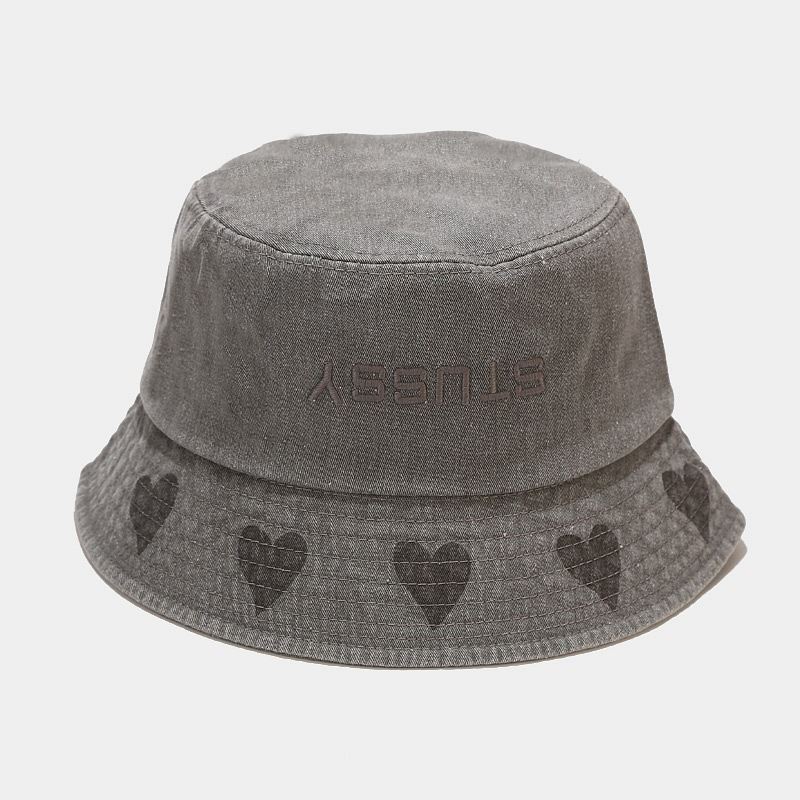 Unisex Love Pattern Bucket Hat Vasket Made-gamle Brev Broderi Mode Solcreme Hat