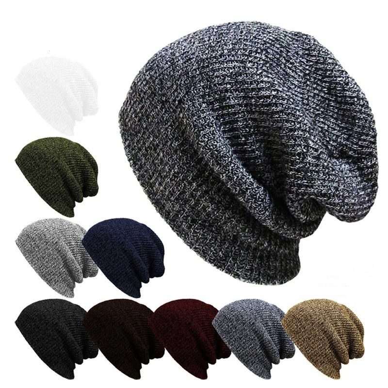 Unisex Mænd Kvinder Stripe Strikket Slouch Beanie Hat Ren Farve Elastisk Vinter Varm Cap