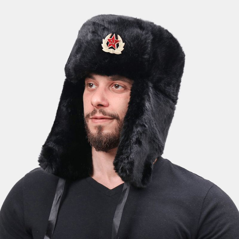 Unisex Plus Fløjl Sovjetisk Badge Varm Vindtæt Øreklapper Beskyttelse Udendørs Trapper Hat Ushanka Hat