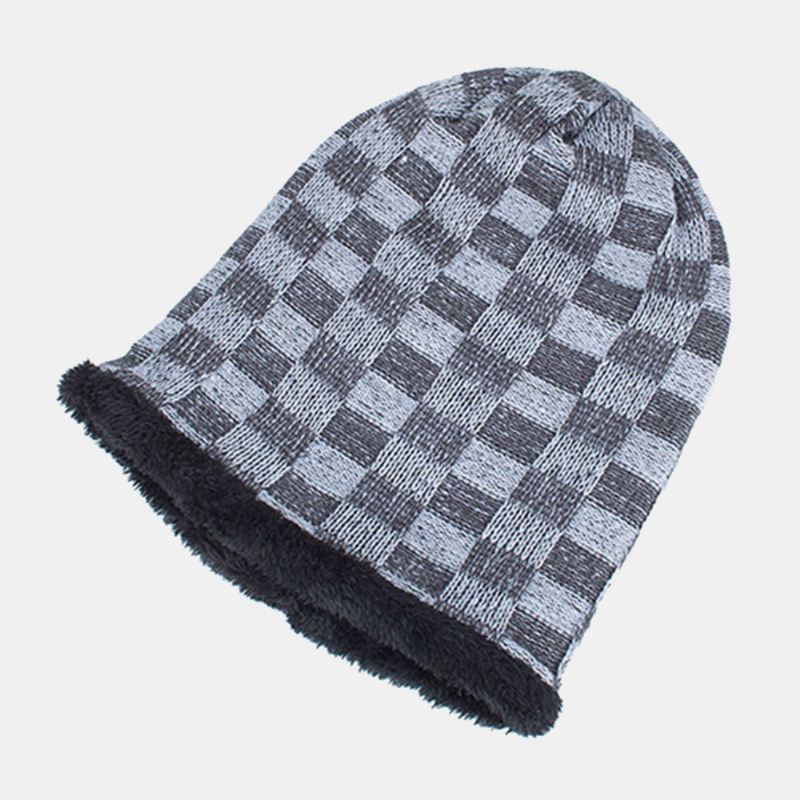 Unisex Plys Udendørs Vinter Plus Fløjl Tykkere Varm Kontrastfarve Lille Firkantet Strik Hue Beanie Hat