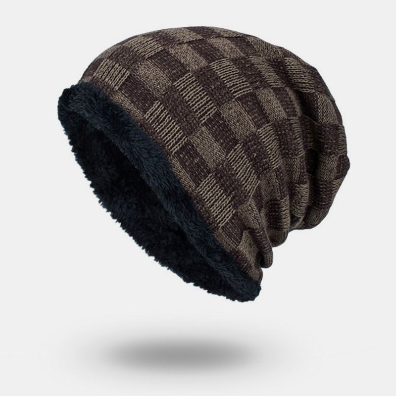 Unisex Plys Udendørs Vinter Plus Fløjl Tykkere Varm Kontrastfarve Lille Firkantet Strik Hue Beanie Hat