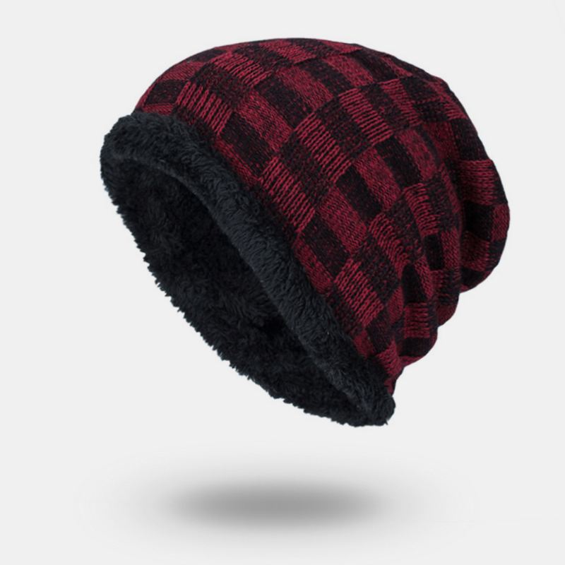 Unisex Plys Udendørs Vinter Plus Fløjl Tykkere Varm Kontrastfarve Lille Firkantet Strik Hue Beanie Hat