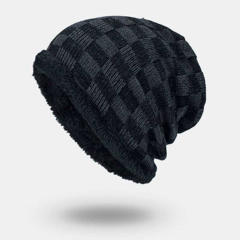 Unisex Plys Udendørs Vinter Plus Fløjl Tykkere Varm Kontrastfarve Lille Firkantet Strik Hue Beanie Hat