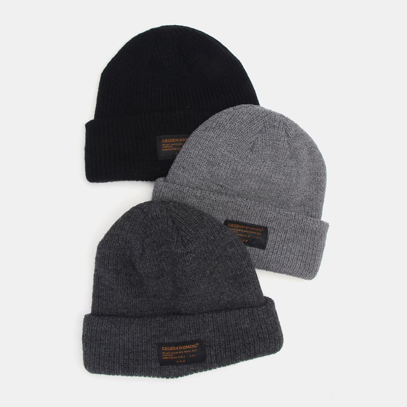 Unisex Uldent Brevlabel Patch Strikket Hat Retro Casual Vinter Varm Justerbar Brimless Beanie Cap