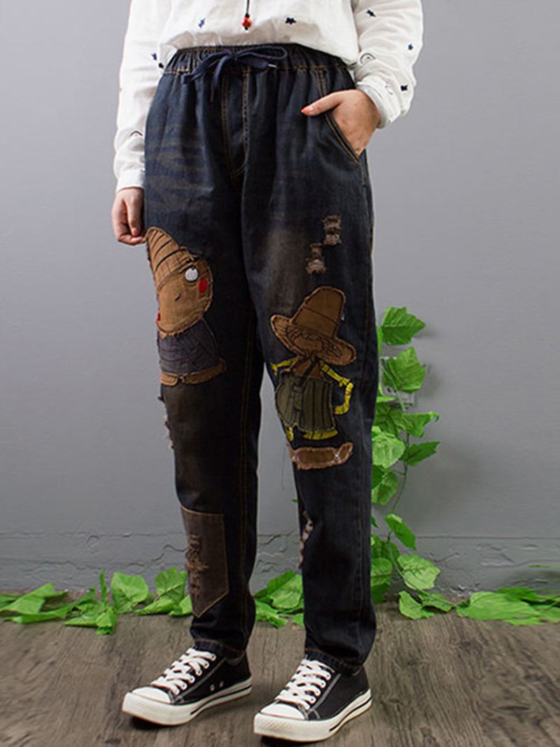 Broderi Patchwork Jeans Med Elastisk Talje