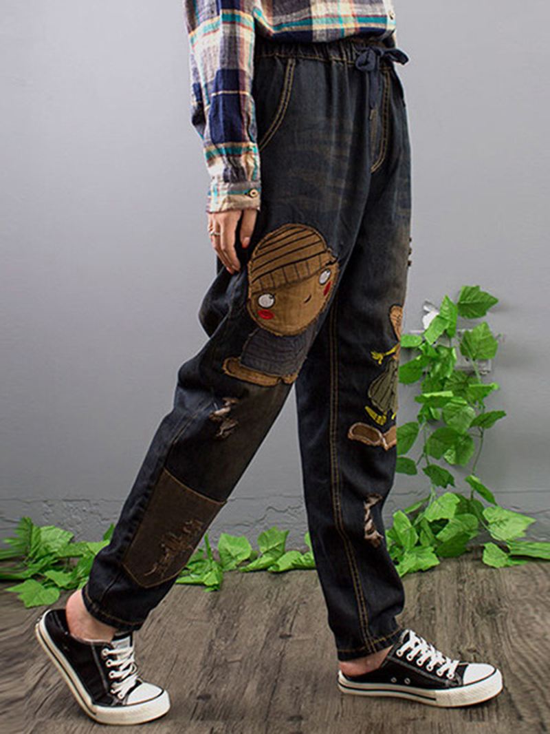 Broderi Patchwork Jeans Med Elastisk Talje