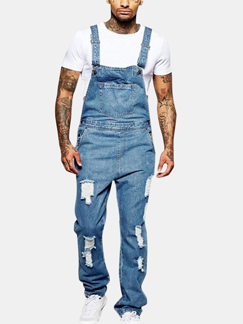 Herre Mode Sling Romper Torn Denim Ensfarvet Casual Suspender Bukser