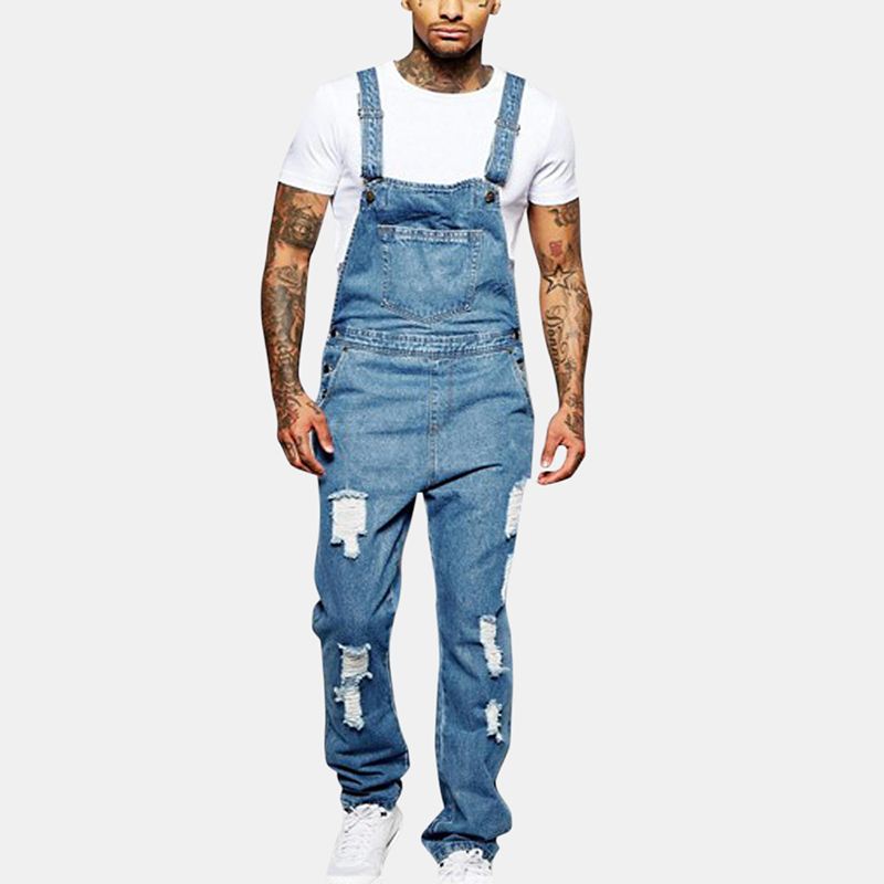 Herre Mode Sling Romper Torn Denim Ensfarvet Casual Suspender Bukser