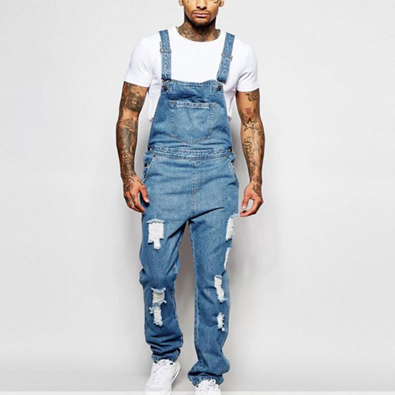 Herre Mode Sling Romper Torn Denim Ensfarvet Casual Suspender Bukser