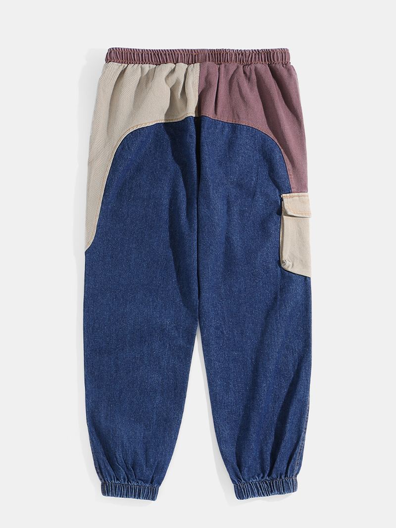 Herre Patchwork Multi Pocket Snøre Elastisk Talje Løs Jogger Jeans