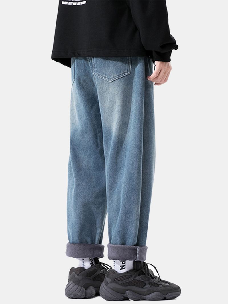 Herre Thicken Plus Velvet Distressed Casual Loose Warm Jeans